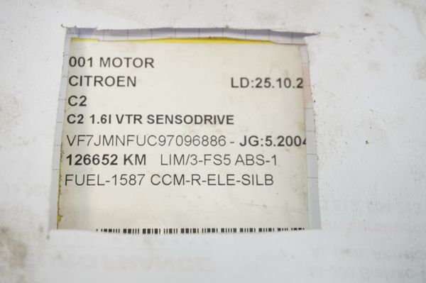 Motor Benzínový NFU 10FX5A Citroen C2 1,6 16v 126000km
